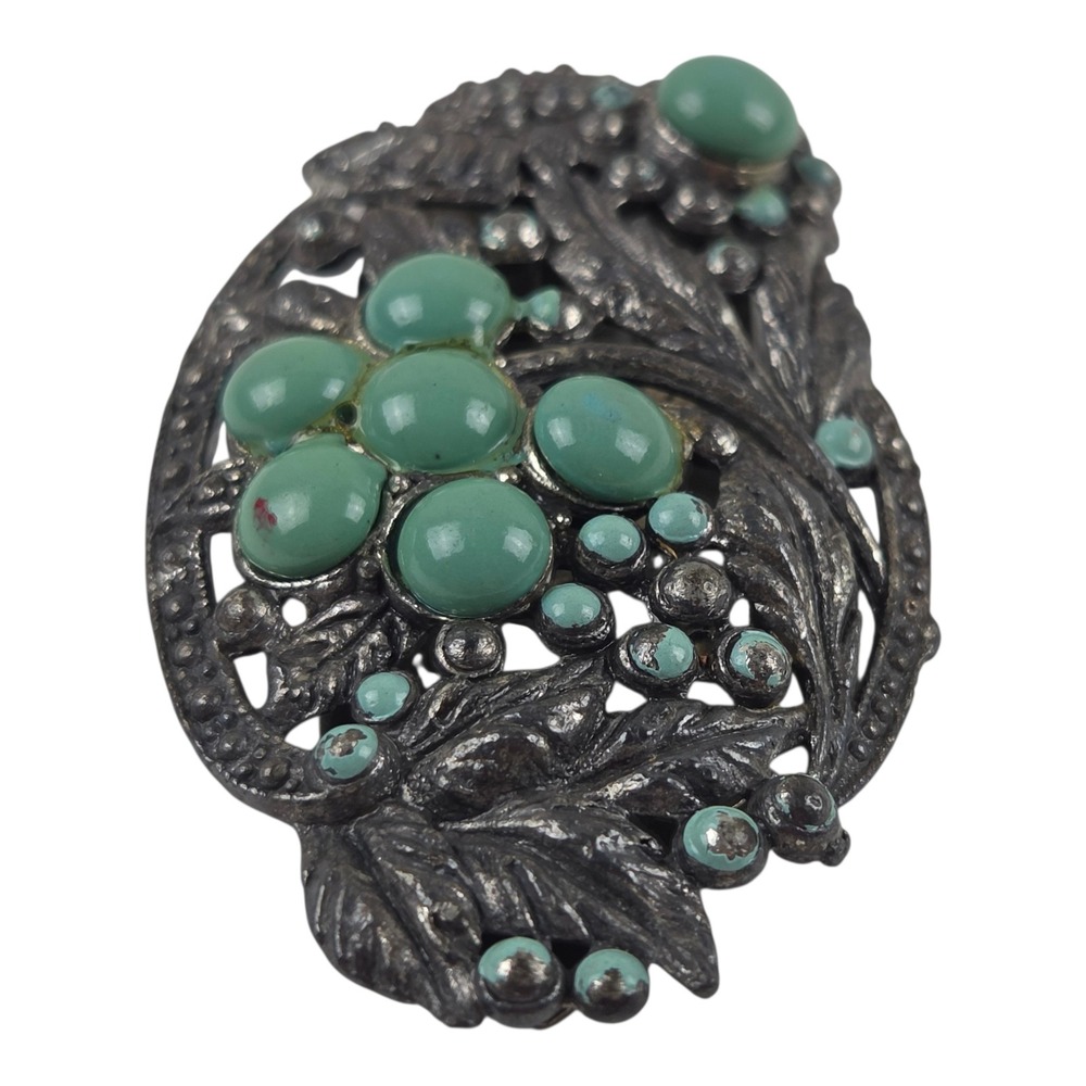 Vintage Dress Clip Brooch Turquoise Glass Pot Metal Art Deco Floral Cabochon